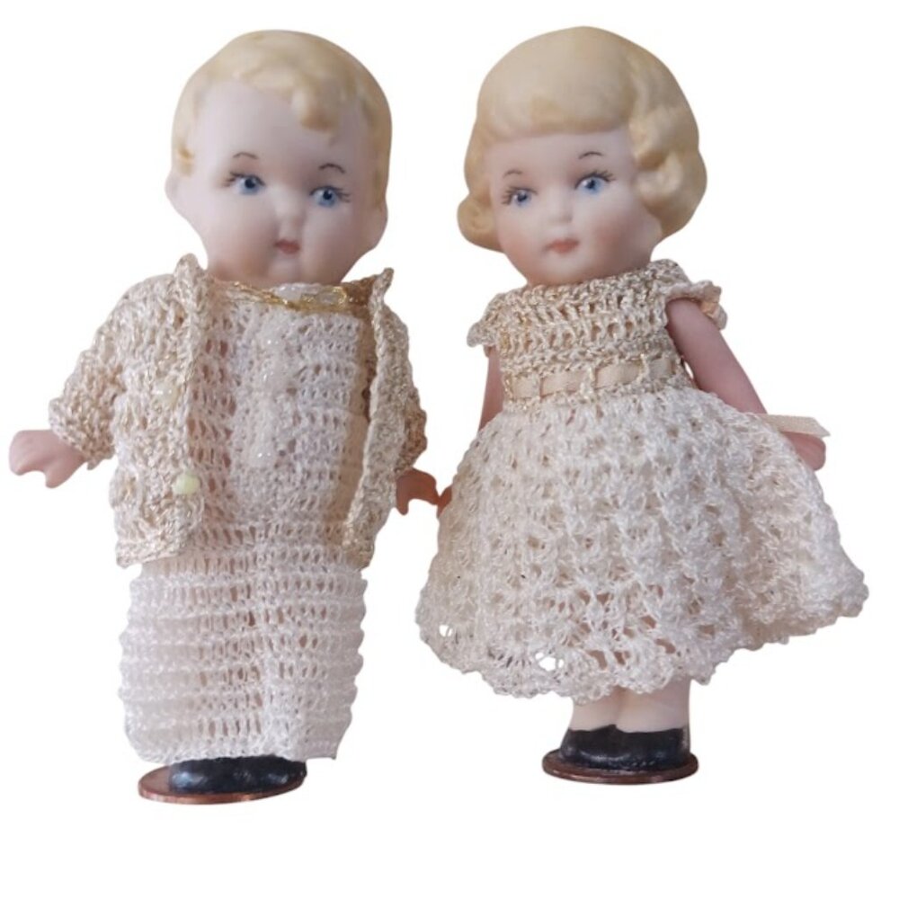 2 Vintage Bisque Jointed Dolls, 3.75", Made in Germany, In Crochet Clothes - Picture 9 of 10